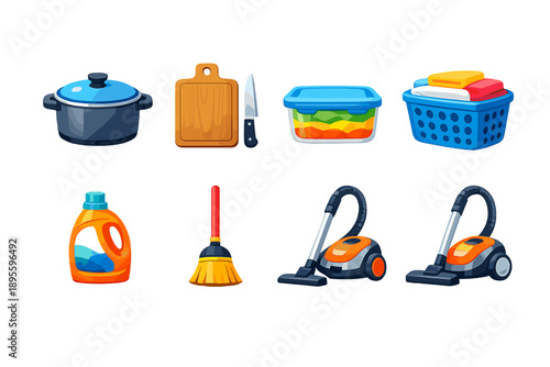Shared household care tools in flat style: cooking pot, cutting board, kitchen knife, food container, laundry basket, detergent bottle, broom, vacuum cleaner