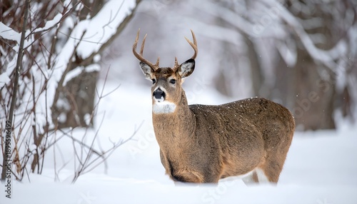 Wallpaper Mural A deer stands in a snowy forest, its antlers visible against a backdrop of blurred trees and white snow Torontodigital.ca