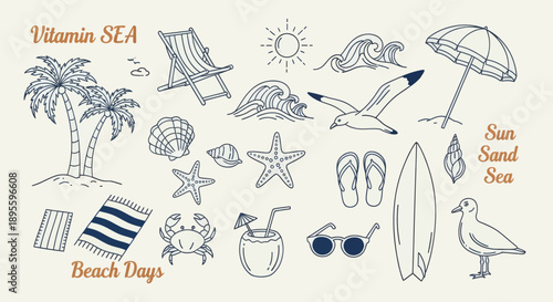 Hand-drawn beach-themed vector set with summer doodles like waves, palm trees, shells, crabs, sunglasses, and surfboards. Perfect for vacation designs, t-shirt prints, and tropical projects.
