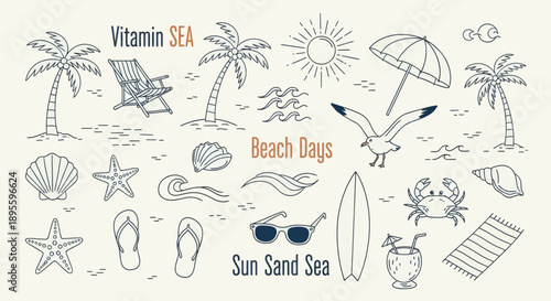 Hand-drawn beach-themed vector set with summer doodles like waves, palm trees, shells, crabs, sunglasses, and surfboards. Perfect for vacation designs, t-shirt prints, and tropical projects.
