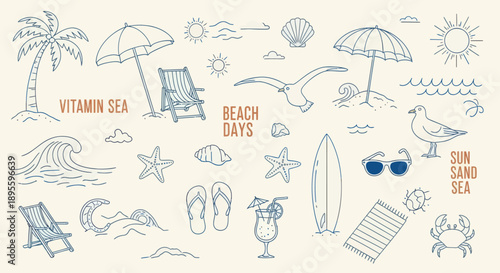 Hand-drawn beach-themed vector set with summer doodles like waves, palm trees, shells, crabs, sunglasses, and surfboards. Perfect for vacation designs, t-shirt prints, and tropical projects.
