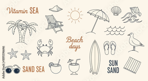 Hand-drawn beach-themed vector set with summer doodles like waves, palm trees, shells, crabs, sunglasses, and surfboards. Perfect for vacation designs, t-shirt prints, and tropical projects.
