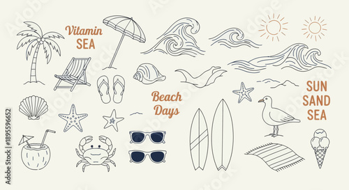 Hand-drawn beach-themed vector set with summer doodles like waves, palm trees, shells, crabs, sunglasses, and surfboards. Perfect for vacation designs, t-shirt prints, and tropical projects.
