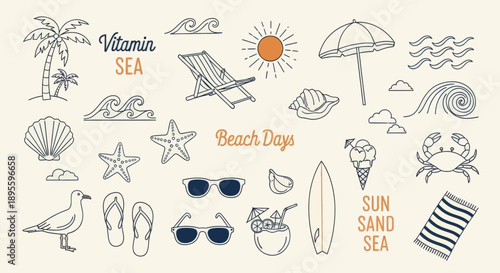 Hand-drawn beach-themed vector set with summer doodles like waves, palm trees, shells, crabs, sunglasses, and surfboards. Perfect for vacation designs, t-shirt prints, and tropical projects.
