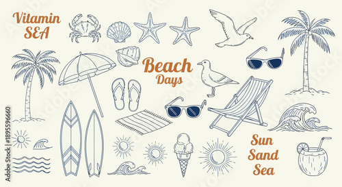 Hand-drawn beach-themed vector set with summer doodles like waves, palm trees, shells, crabs, sunglasses, and surfboards. Perfect for vacation designs, t-shirt prints, and tropical projects.
