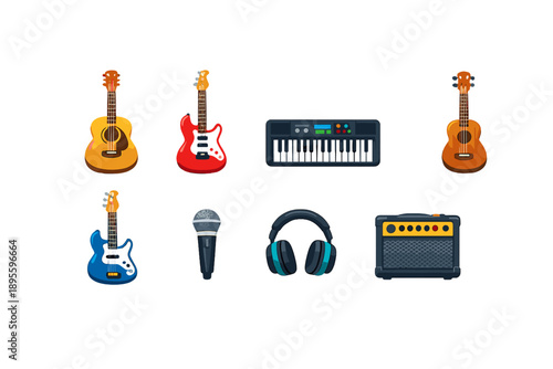 Music composition instruments flat style: acoustic guitar, electric guitar, keyboard, ukulele, bass guitar, microphone, headphone, amplifier