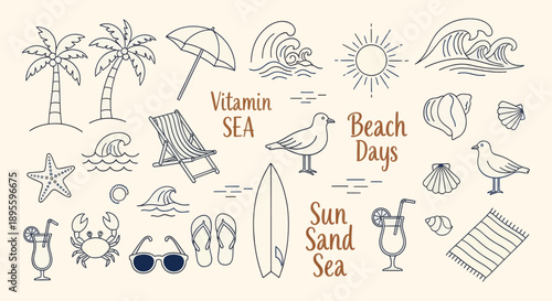 Hand-drawn beach-themed vector set with summer doodles like waves, palm trees, shells, crabs, sunglasses, and surfboards. Perfect for vacation designs, t-shirt prints, and tropical projects.
