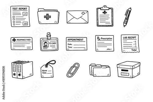 Medical Documents and Test Materials in doodle style: test report paper, document folder, envelope, clipboard, pen, insurance card, ID card holder, appointment