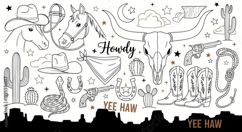 Hand-drawn western doodle vector set with cowboy hats, boots, cactus, horse, skull, revolver, sheriff badge and desert elements, perfect for vintage, rustic and Wild West designs.