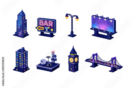 Urban night skyline elements in isometric flat style: skyscraper building, neon sign, streetlight, billboard, apartment tower, rooftop antenna, clock tower