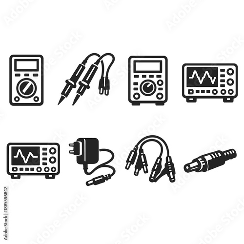 Automation testing and calibration tools in outline vector style: multimeter, test probe, calibration device, signal generator, oscilloscope, power adapter