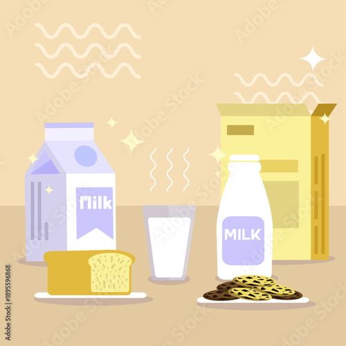Breakfast Background with Milk, Sandwich, and Cake Icons Decor