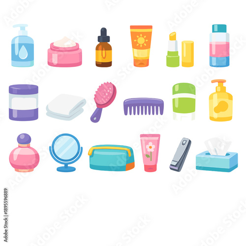 Beauty and personal care daily essentials in flat style: face cleanser bottle, moisturizer jar, serum dropper, sunscreen tube, lip balm stick, makeup remover