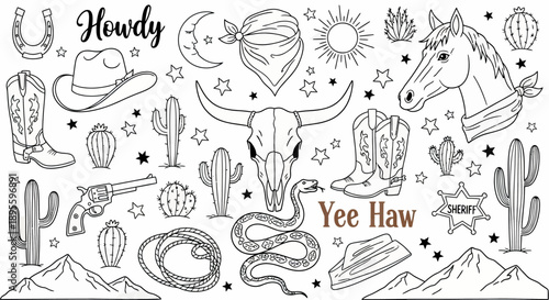 Hand-drawn western doodle vector set with cowboy hats, boots, cactus, horse, skull, revolver, sheriff badge and desert elements, perfect for vintage, rustic and Wild West designs.