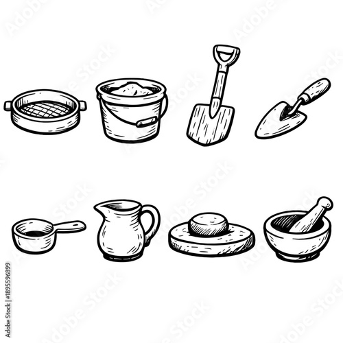 Natural material preparation tools in doodle style: soil sieve, mixing bucket, wooden shovel, trowel, measuring scoop, water jug, grinding stone, mortar bowl