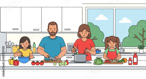 Adobe illustrator artwork vector illustration. Happy family cooking together in the kitchen, preparing healthy meals and enjoying quality time, promoting family bonding