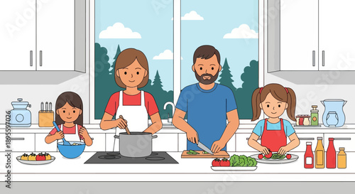 Adobe illustrator artwork vector illustration. Happy family cooking together in the kitchen, preparing healthy meals and enjoying quality time, promoting family bonding