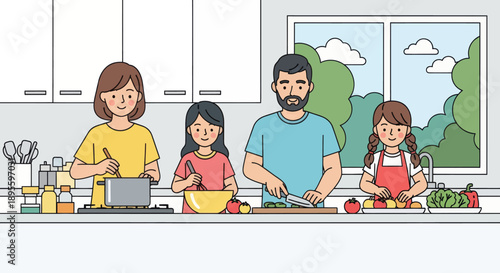 Adobe illustrator artwork vector illustration. Happy family cooking together in the kitchen, preparing healthy meals and enjoying quality time, promoting family bonding