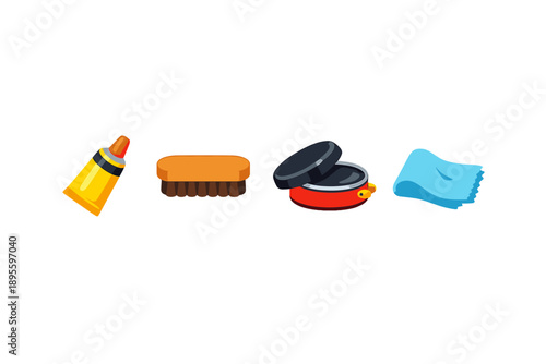 Everyday shoe fixing items in flat style: glue tube, shoe brush, polish tin, cloth rag