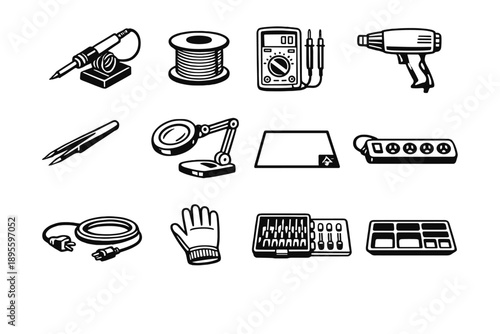 Electronics Repair Equipment in outline vector style: soldering iron, solder wire spool, multimeter, heat gun, tweezers, magnifying lamp, anti static mat, power