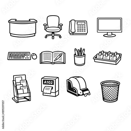 Visitor Check In Station in outline vector style: reception desk, desk chair, desk phone, computer monitor, keyboard, mouse, visitor logbook, pen holder, badge