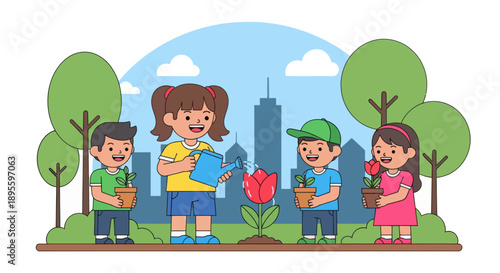 Adobe illustrator artwork vector illustration. Cheerful children engage in gardening, planting and watering flowers and plants in a vibrant outdoor scene with a city skyline and mountains, promoting