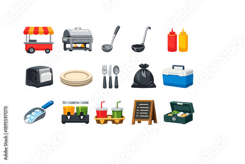 Food and refreshment service items in flat style: food stall cart, chafing dish, serving spoon, ladle, condiment bottle, napkin dispenser, paper plate, cutlery