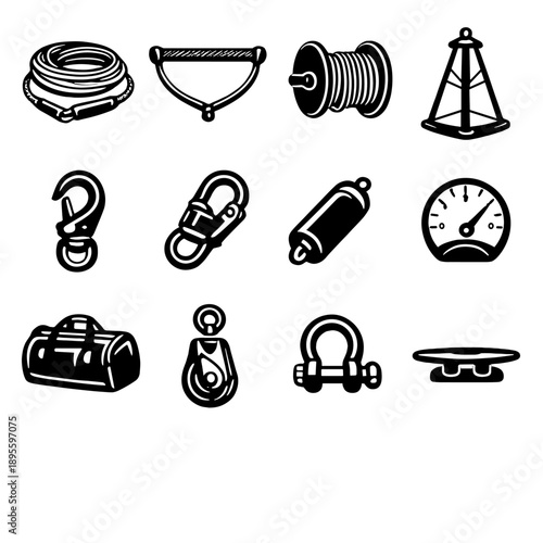 Wakeboarding Towing and Rope Gear in outline vector style: tow rope, handle bar, rope spool, pylon tower, tow hook, quick release clip, rope float, tension