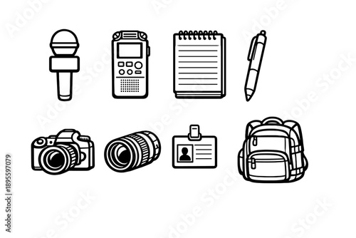 Journalist reporting tools in outline vector style: microphone, voice recorder, notepad, pen, camera, camera lens, press badge, backpack