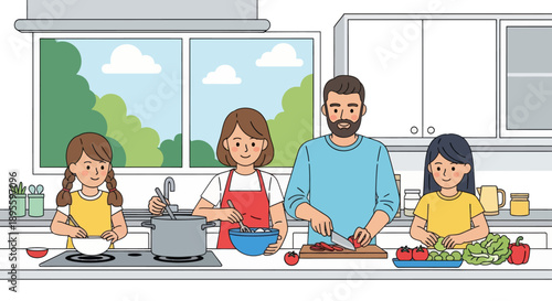 Adobe illustrator artwork vector illustration. Happy family cooking together in the kitchen, preparing healthy meals and enjoying quality time, promoting family bonding