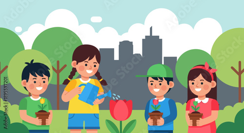 Adobe illustrator artwork vector illustration. Cheerful children engage in gardening, planting and watering flowers and plants in a vibrant outdoor scene with a city skyline and mountains, promoting