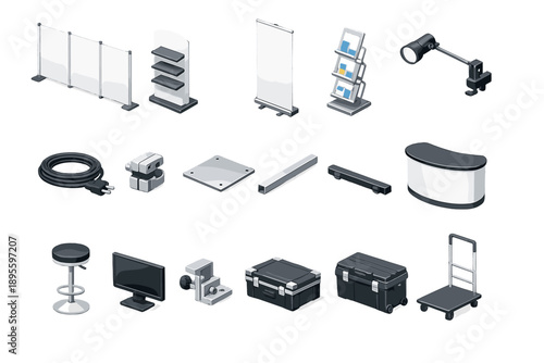 Portable exhibition structures in isometric flat style: modular wall panel, display stand, banner stand, brochure rack, spot light, power cable, connector clamp