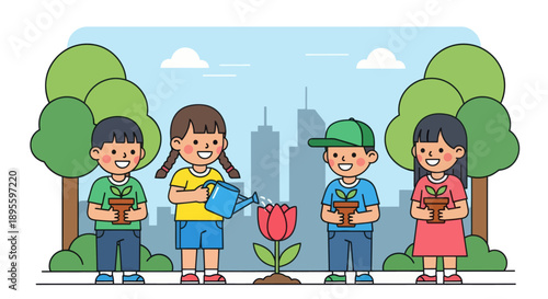 Adobe illustrator artwork vector illustration. Cheerful children engage in gardening, planting and watering flowers and plants in a vibrant outdoor scene with a city skyline and mountains, promoting 