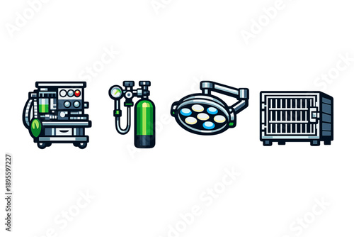 Professional veterinary hospital equipment in bold vector style: anesthesia machine, oxygen tank, surgical light, metal kennel