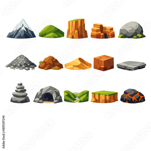 Wallpaper Mural Mountain and Landforms flat style: mountain peak, hill, cliff face, canyon rock, boulder, gravel pile, soil mound, sand dune, clay block, rock slab, stone cairn Torontodigital.ca