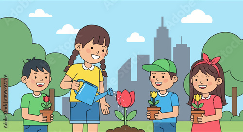 Adobe illustrator artwork vector illustration. Cheerful children engage in gardening, planting and watering flowers and plants in a vibrant outdoor scene with a city skyline and mountains, promoting 