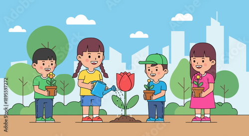 Adobe illustrator artwork vector illustration. Cheerful children engage in gardening, planting and watering flowers and plants in a vibrant outdoor scene with a city skyline and mountains, promoting 