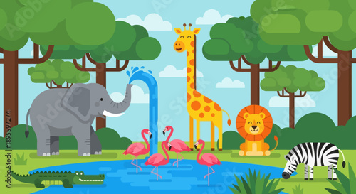 Flat cute kids vector safari scene with giraffe, elephant, lion, hippo, zebra, and flamingos around a watering hole. Ideal for nursery decor and early learning materials 