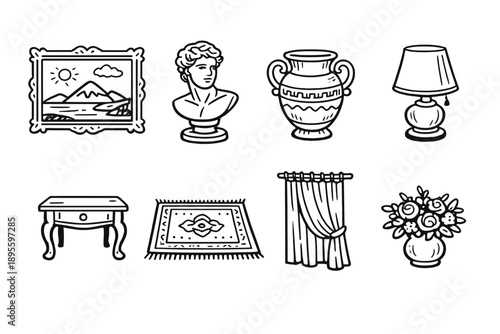 Auction houses preview room decor in doodle style: framed painting, sculpture bust, antique vase, table lamp, side table, carpet rug, curtain panel, flower