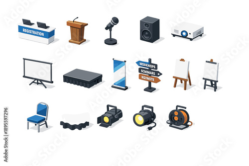 Conference Venue Items isometric flat style: registration desk, podium, microphone, speaker, projector, screen, stage riser, banner stand, directional sign
