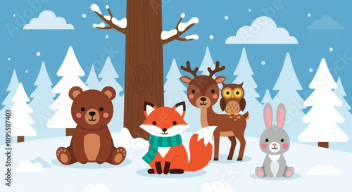 Flat cute kids vector winter woodland scene with fox in scarf, deer, bear cub, rabbit, and owl in snow. Ideal for seasonal kids illustrations and educational content 