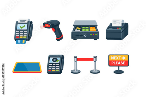 Point-of-sale and checkout equipment in flat style: payment terminal, barcode scanner, cash drawer, receipt printer, counter mat, card reader, queue barrier