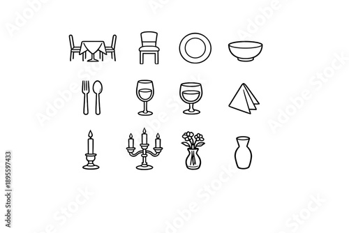 Date Night Dining Setup in outline vector style: dining table, chair, plate, bowl, fork, spoon, wine glass, water goblet, napkin, candle, candleholder, flower