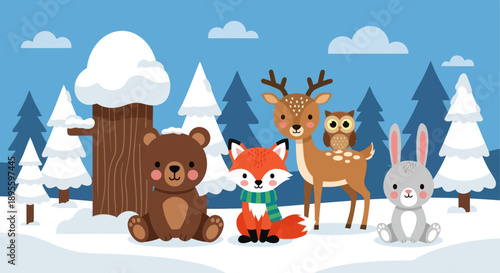 Flat cute kids vector winter woodland scene with fox in scarf, deer, bear cub, rabbit, and owl in snow. Ideal for seasonal kids illustrations and educational content 