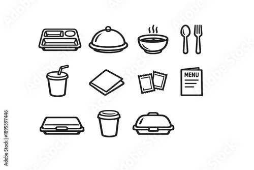 Hospital Food and Dining Items in outline vector style: meal tray, plate cover, soup bowl, spoon, fork, drinking cup, straw, napkin, condiment packet, menu card