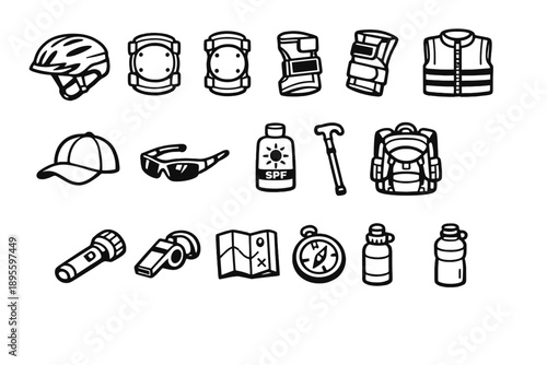 Outdoor Personal Protection Gear in outline vector style: bicycle helmet, knee pad, elbow pad, wrist guard, reflective jacket, cap, sunglasses, sunscreen bottle