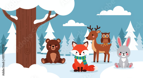 Flat cute kids vector winter woodland scene with fox in scarf, deer, bear cub, rabbit, and owl in snow. Ideal for seasonal kids illustrations and educational content 