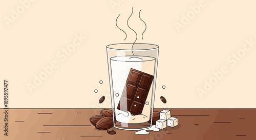 A minimalistic illustration depicts a glass of hot chocolate with a chocolate bar dissolving accompanied by sugar cubes and coffee beans high quality professional