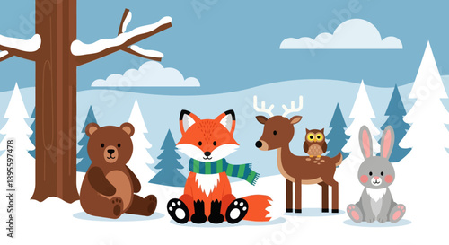 Flat cute kids vector winter woodland scene with fox in scarf, deer, bear cub, rabbit, and owl in snow. Ideal for seasonal kids illustrations and educational content 