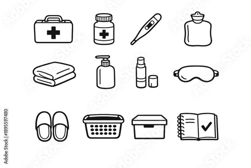 Care and Thoughtful Presence Objects in outline vector style: first aid kit, medicine bottle, thermometer, hot water bottle, soft towel, hand lotion bottle, lip
